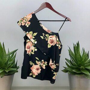 * New Mode Asymmetric Ruffle Trim Sleeveless Floral Blouse Size S